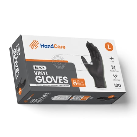 Handcare Disposable Gloves, 3 mil Palm, Vinyl, Powder-Free, XL, 100 PK, Black HC-VEBK30XL
